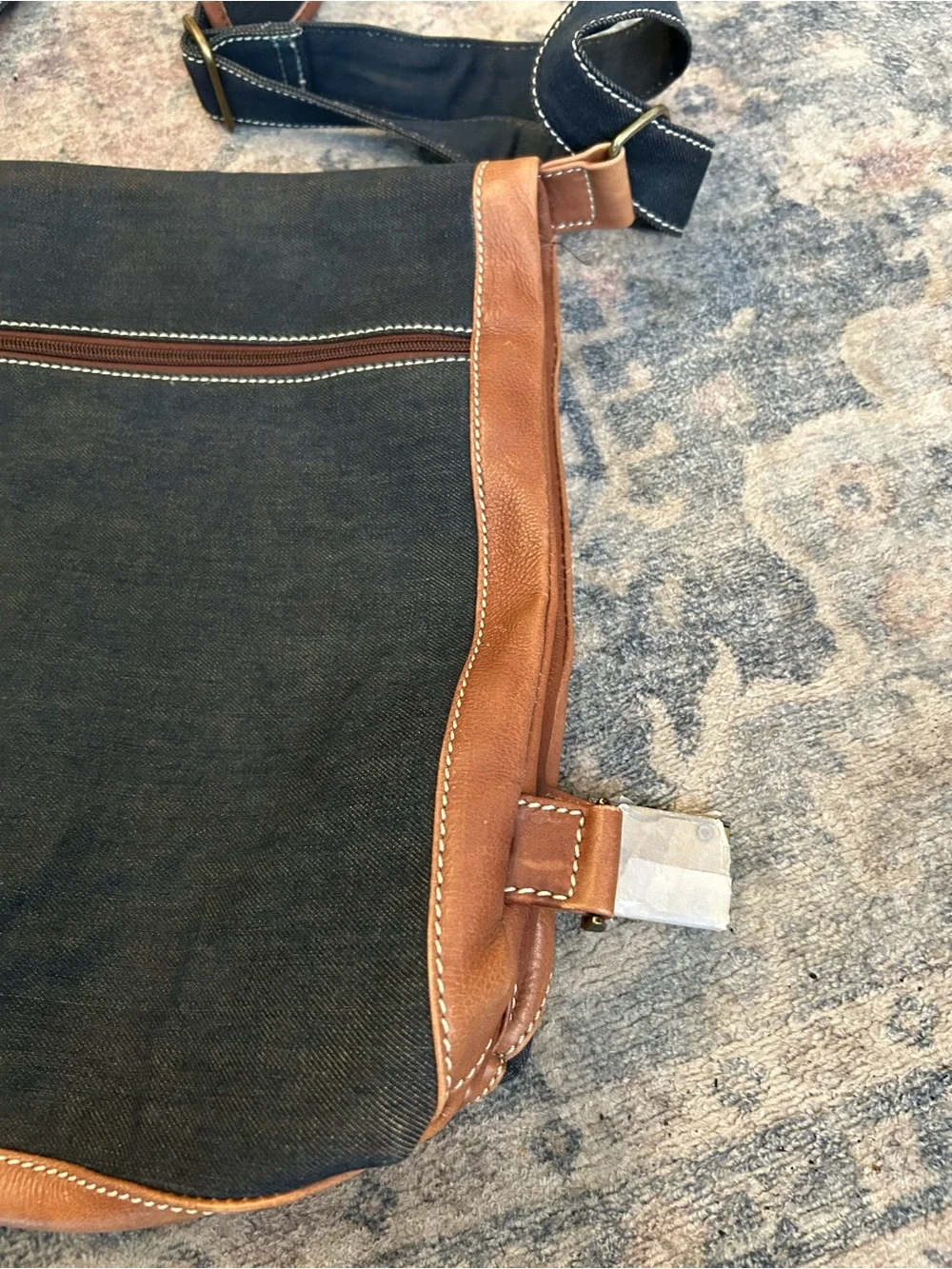 Kenneth Cole Reaction Navy and Brown Canvas  & Leather Messenger Bag
